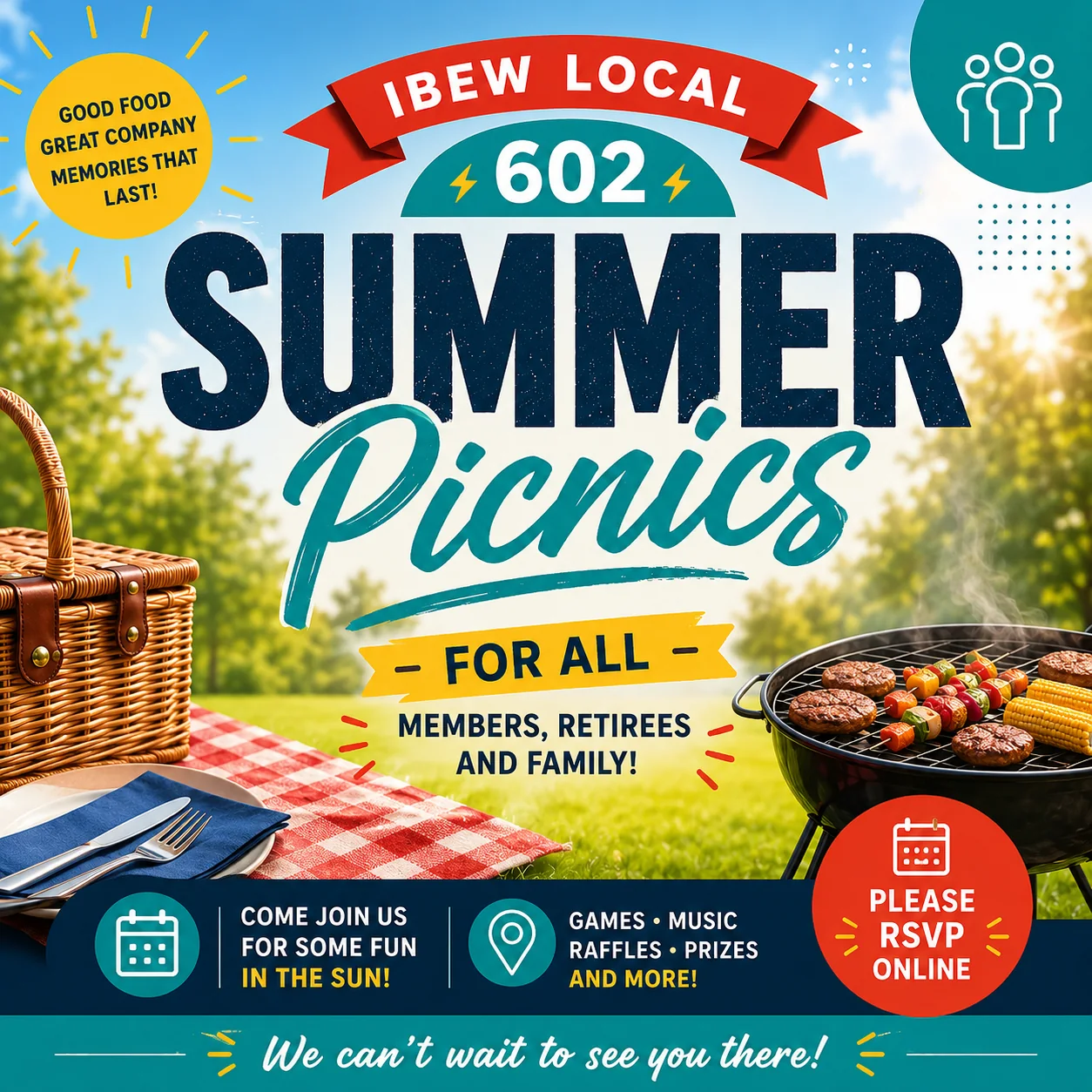 IBEW Local 602 Summer Picnics flyer for members, retirees, and families